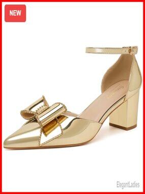 Kitten Heels Closed Toe Strappy Block Heeled Pumps Pointed Toe with Bow Chunky